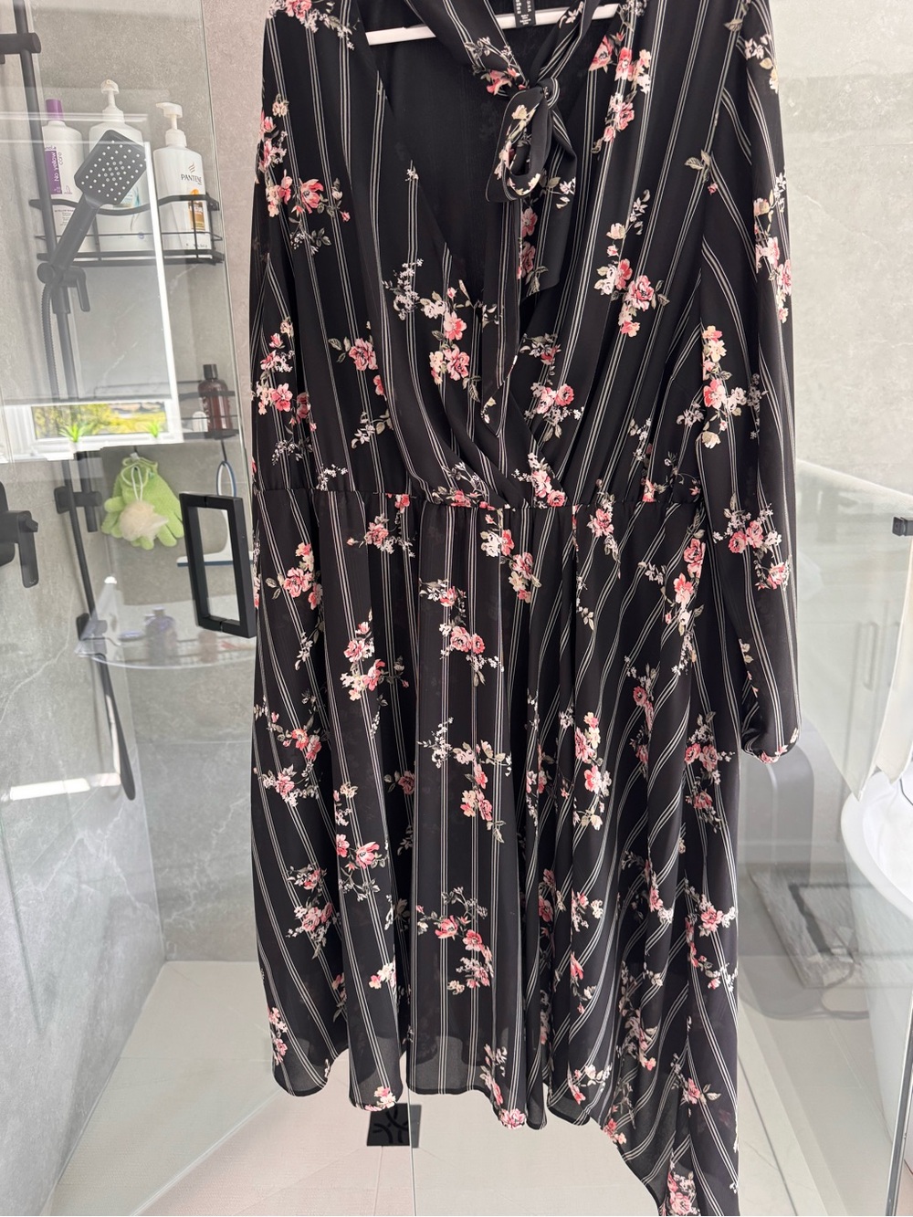 Love & Legend Black Floral Stripe Tie-Neck Midi Dress